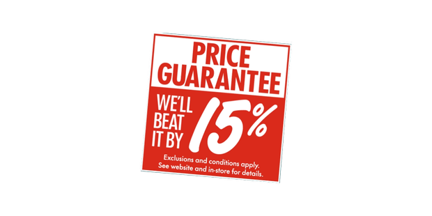Where you find a competitor's lower price on the same stocked item, we'll beat it by 15%. Excludes trade quotes, stock liquidations and commercial quantities. Same in-stock item available for same-day delivery or collection, including GST and delivery charges.