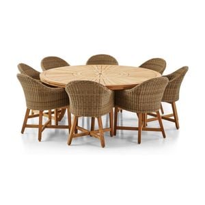 Solomon 1.8m Round Teak Dining Table W/coastal Wicker Chairs Brushed Wheat & Cream Cushions