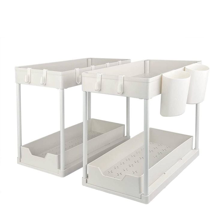 2 Pack Tire Storage Shelf Organiser Spice Rack Sliding Drawer Under Sink White