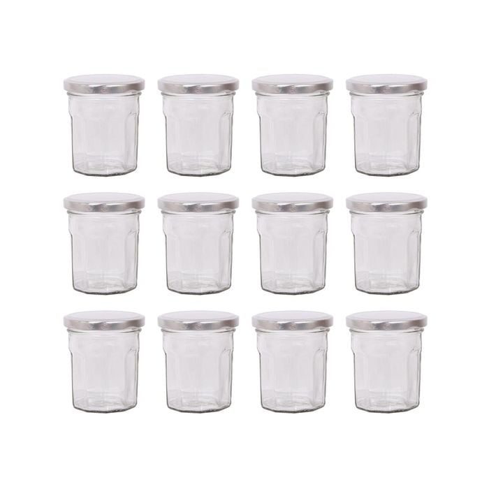 Argon Tableware 150ml Glass Jam Jars With Airtight Silver Lids - Set Of 12 Empty Screw Top Kitchen Storage Preserving Jar