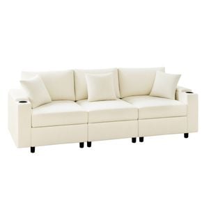 Advwin 256cm 3 Seater Sofa Corduroy Modular Lounge Couch w/ Storage Armrests & Cup Holder Beige