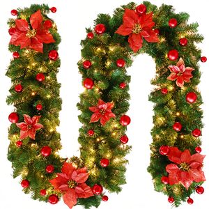 Catzon 9FT Pre-lit LED Christmas Garland Xmas Decoration Wreath-Red