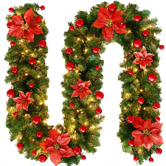 Catzon 9FT Pre-lit LED Christmas Garland Xmas Decoration Wreath-Red