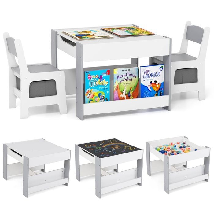 Costway 4-in-1 Kids Table & Chair Set Wood Activity Desk Grey