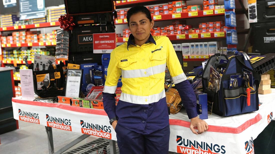 Bunnings Trade Women in Apprenticeships Awards 2024 winner Faiza Nazar, pictured at Bunnings with tools and equipment she has won