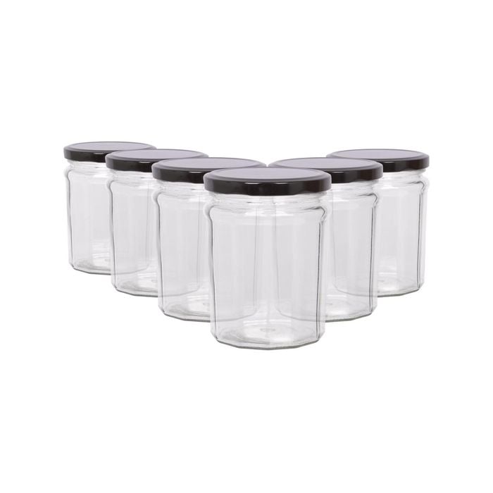 Argon Tableware 380ml Glass Jam Jars With Airtight Black Lids - Set Of 6 Empty Screw Top Kitchen Storage Preserving Jar