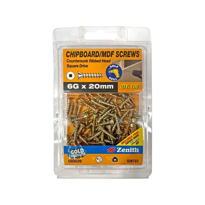 Zenith 6G x 20mm Gold Passivated Square Drive Chipboard Screw - 100 Pack