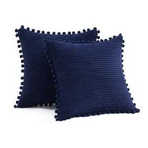 Catzon 2 Pcs Boho Decorative Throw Pillow Covers with Pom-poms for Sofa-Dark Blue