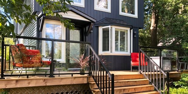 Deck balustrade with large glass panels.