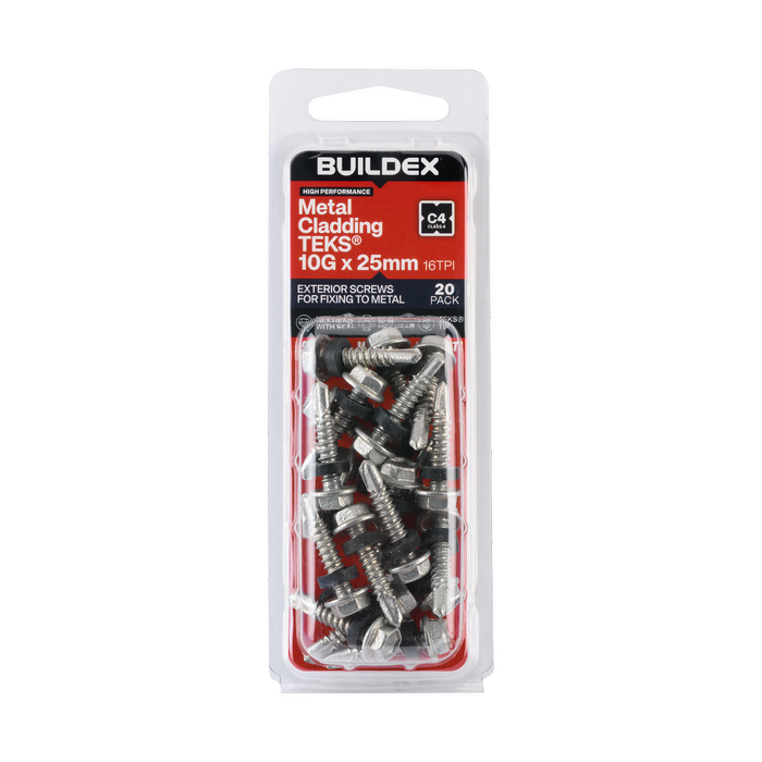 Buildex 10G x 25mm Class 4 Cladding & Fencing TEKS® Screws with Seal - 20 Pack
