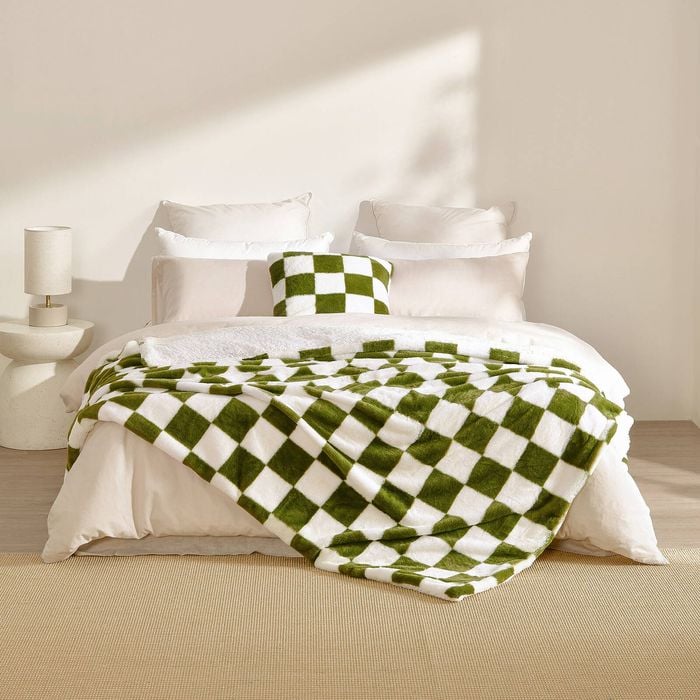 Dreamaker Checkered Plush Throw Blanket Olive & Cream - 180 X 200cm