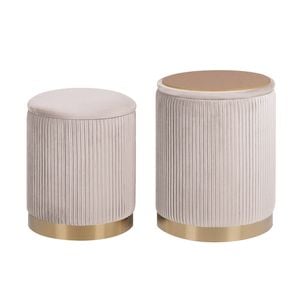 La Bella Cream 2 Set Side Table Storage Ottoman - Velvet Stool MIRA