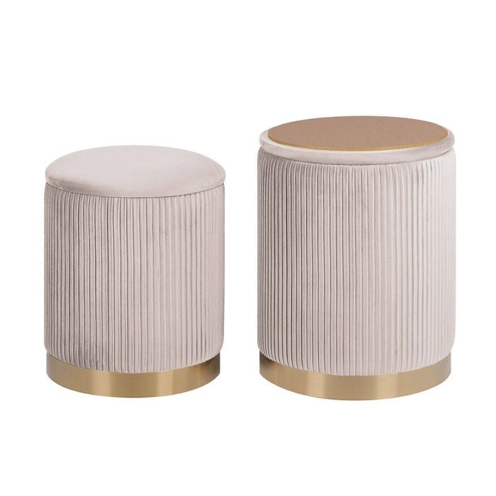 La Bella Cream 2 Set Side Table Storage Ottoman - Velvet Stool MIRA