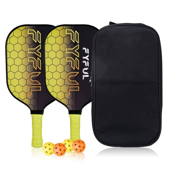 Catzon Pickleball Paddles Set Of 2 Durable Fiberglass Surface Cushion Grip Pickleball Rackets 4 Balls And Carry Bag-yellow