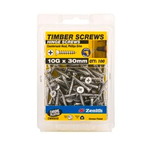 Zenith 10g x 30mm Chrome Plated Hinge Timber Screw - 100 Pack