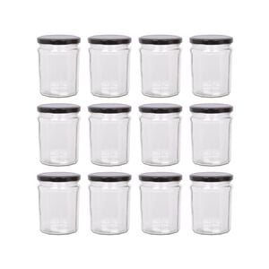 Argon Tableware 380ml Glass Jam Jars With Airtight Black Lids - Set Of 12 Empty Screw Top Kitchen Storage Preserving Jar