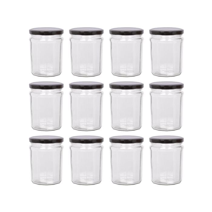 Argon Tableware 380ml Glass Jam Jars With Airtight Black Lids - Set Of 12 Empty Screw Top Kitchen Storage Preserving Jar