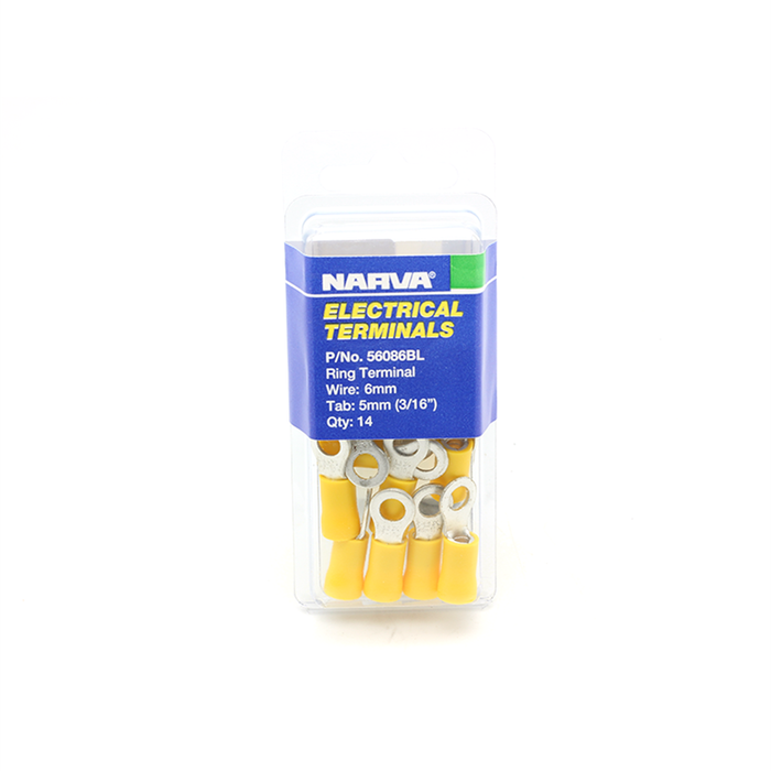 Narva 5-6mm / 5mm (3/16") Yellow Flared Vinyl Insulated Ring Terminal (Eye Terminal) - 14 Pack