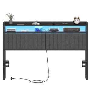 Ufurniture Headboard Upholstered Queen Size with 2-Tier Storage Outlets, USB Ports and LED Light Adjustable Height