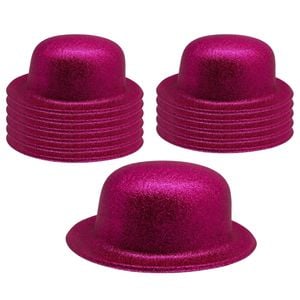 12x GLITTER BOWLER HAT Fancy Party Plastic Costume Cap Fun Dress Up Sparkle BULK - Hot Pink - Hot Pink | Glitter Bowler Hat