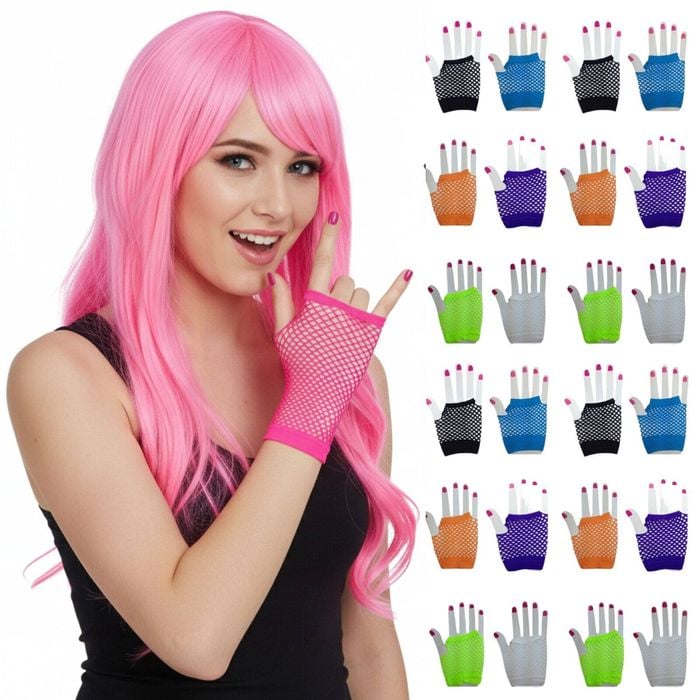 24x Fishnet Gloves Fingerless Wrist Length 70s 80s Wos Costume Party Bulk Assorted Colour Pack