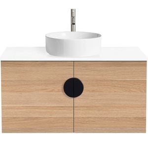 CIBO 900mm Oak Mornington Wall Hung Vanity With White Basin And Black Handles