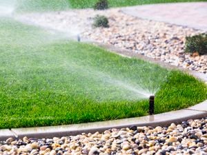 Image of sprinkler system watering grass that meets a stone garden bed