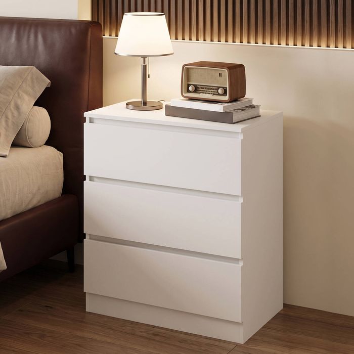 Advwin Bedside Table 3 Large Drawers Nightstand for Bedroom Living Room Office White