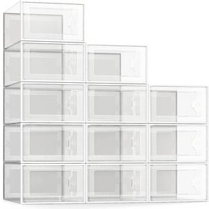12 Pack Shoe Storage Box - Clear Stackable Organizer for Closet