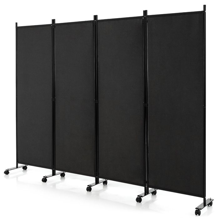 Costway 4-Panel Folding Room Divider 1.73m Rolling Privacy Screen w/Wheels - Black