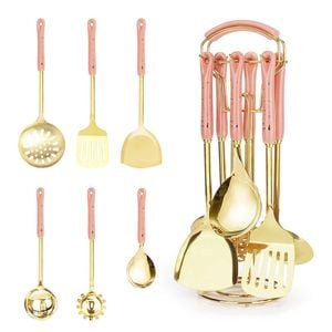 Catzon 7 Pcs Stainless Steel Kitchen Utensils for Cooking with Hanging Shelf-PinkB