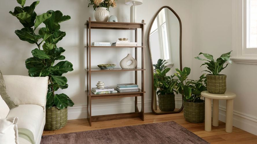 A styled living room corner with a wooden shelving unit holding books and decor, surrounded by indoor plants, a floor mirror, a small side table, and soft neutral furnishings.