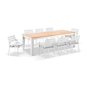 Balmoral 2.5m Teak Top Aluminium Table White With 8 Kansas Dining Chairs & Textured Olefin Grey Cushions