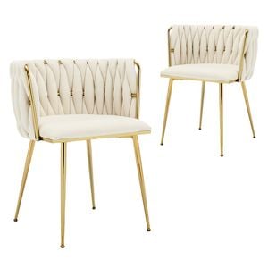Homfurn Set of 2 Velvet Upholstered Woven Dining Chairs with Golden Metal Legs