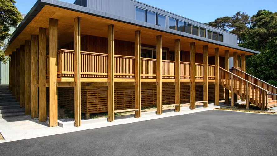 Three story wooden school building