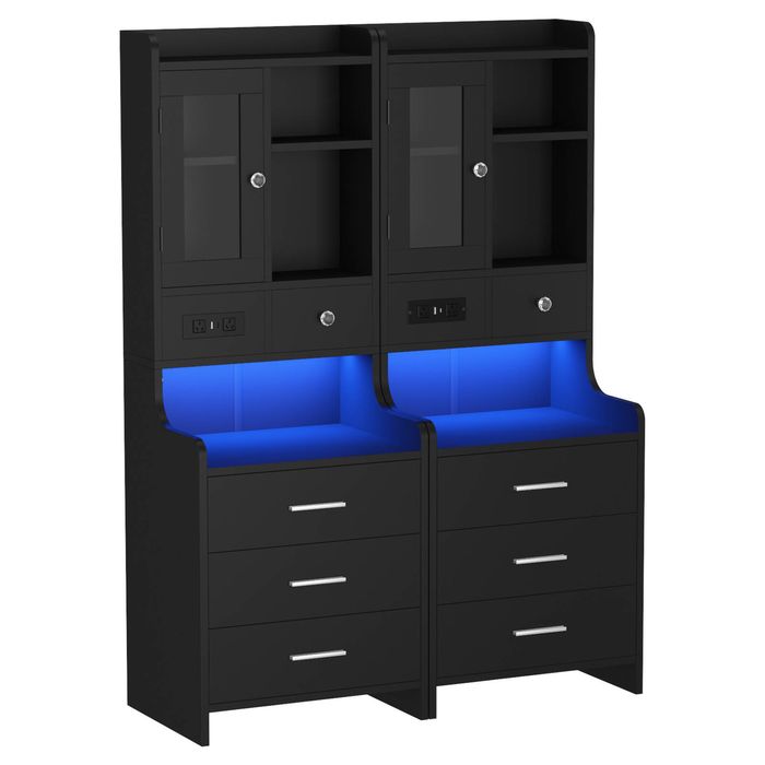 Ufurniture Tall LED Bedside Table with 4 Drawers, Shelves & Charging Station