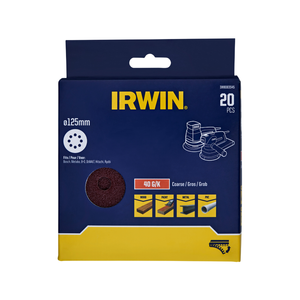 IRWIN 125mm 40 Grit 8 Holes Quick Fit Random Orbital Sanding Discs - 20 Pack