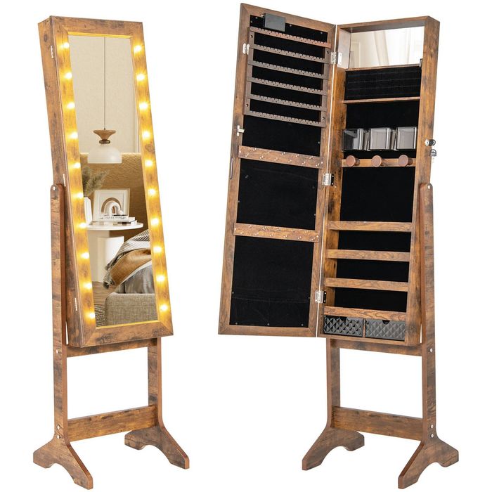 Costway Mirror Jewelry Cabinet 4 Tilt Angles Standing Armoire Organizer Brown