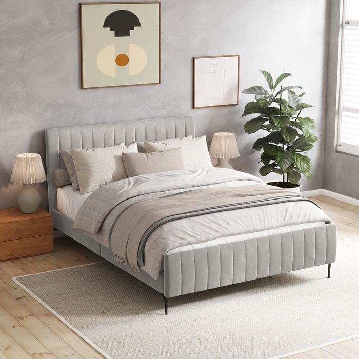 Coco Queen Taupe White Velvet Upholstered Bed Frame