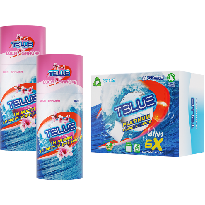 TBLUE Twin Pack In-Wash Scent Booster + Laundry 100 Sheets Bundle – Luca Sakura 250g