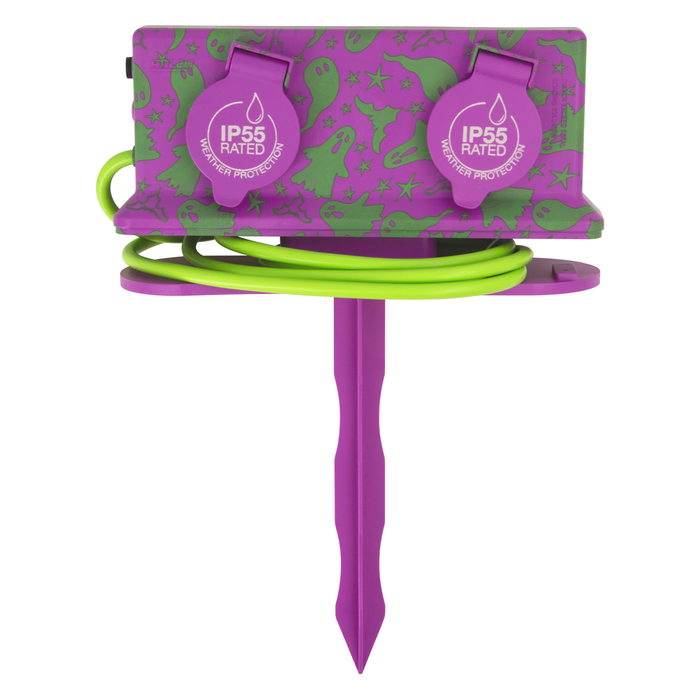 Arlec Halloween Purple and Green IP55 4 Outlet Weatherproof Powerboard with Removable Garden Stake