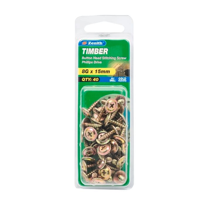 Zenith 8G x 15mm Gold Passivated Timber Button Head Stitching Screw - 40 Pack