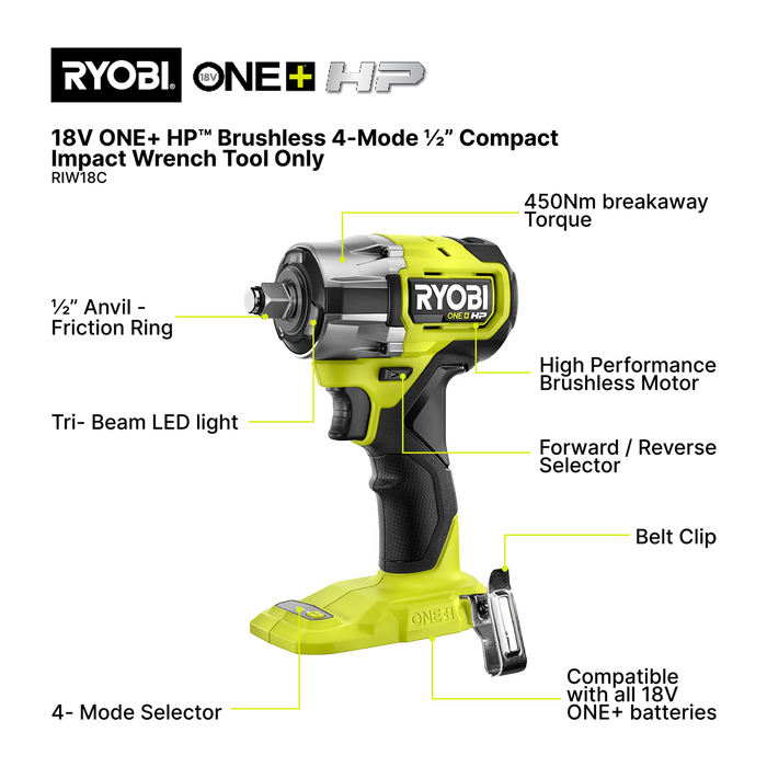 Ryobi 18V ONE+ HP ½” 4-Mode Brushless Compact Impact Wrench Tool Only