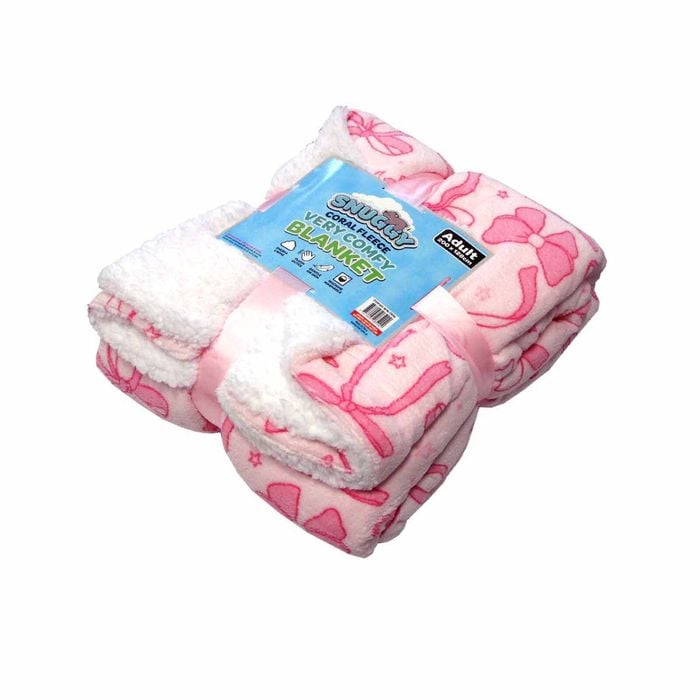 Snuggle Coral Fleece Extra Large Throw With Sherpa Reverse 200 X 128 Cm Bow Tie Pink