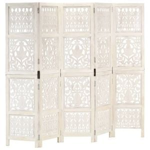 vidaXL Solid Mango Wood Hand carved 5-Panel Room Divider White 200cm Screen