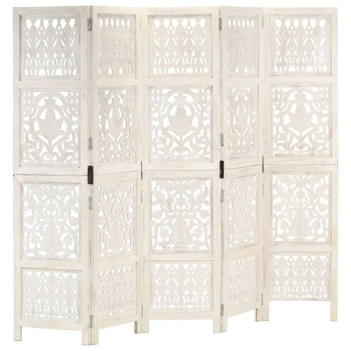 vidaXL Solid Mango Wood Hand carved 5-Panel Room Divider White 200cm Screen