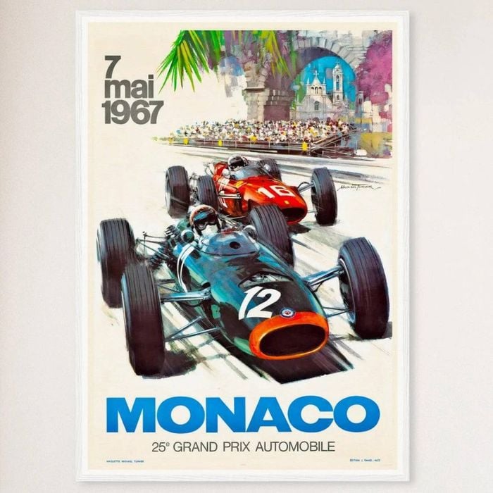 Galrie 1967 Monaco Grand Prix Vintage Racing Poster 25th Anniversary Collector's Art, White Frame, A4 21 x 30cm (8 x 12inch)