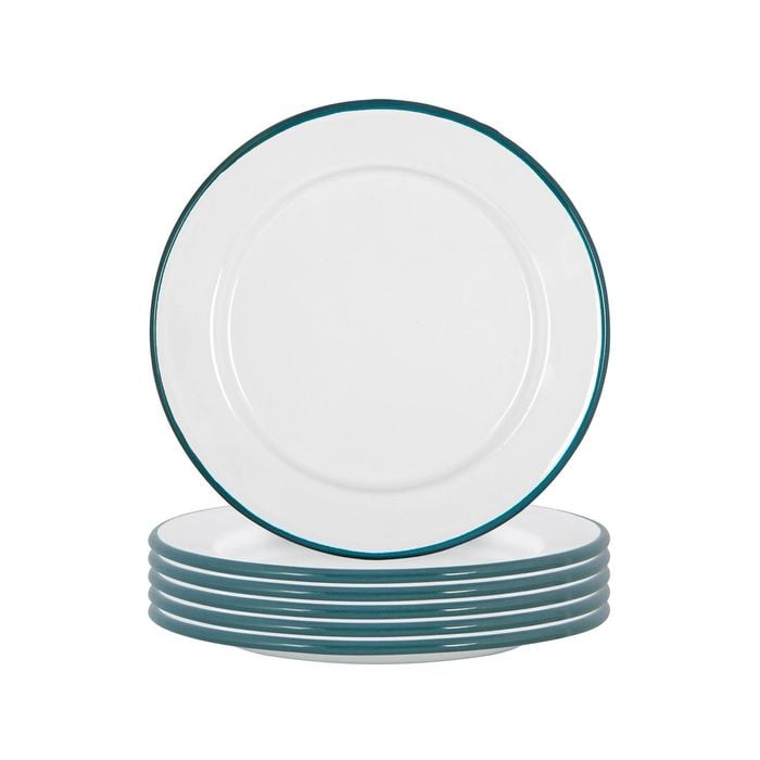 Argon Tableware 20cm Enamel Side Plates - Green Rim - Set Of 6 - 8inch Small Dish Plates Metal Enamel Tableware Dinner Set