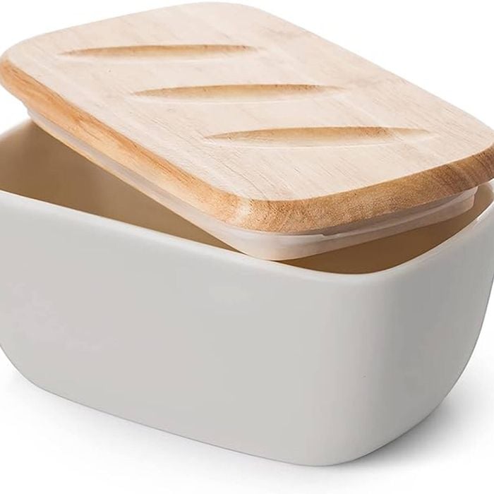 DOWAN Ceramic Butter Dish with Lid - Holds 3 Sticks, 16.5cm - Gray