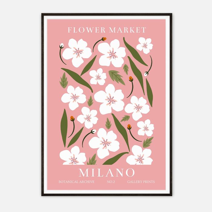 Galrie Milano Flower Market Vintage Botanical Print - Elegant Art for Home Decor, Black Frame, 70 x 100cm (28 x 40inch)